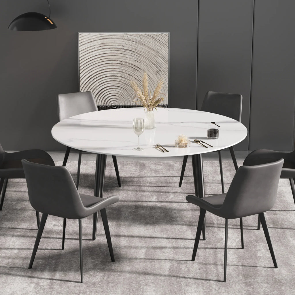 Marbella Sintered Stone Dining Table | 59" White Gloss Round With Metal Base