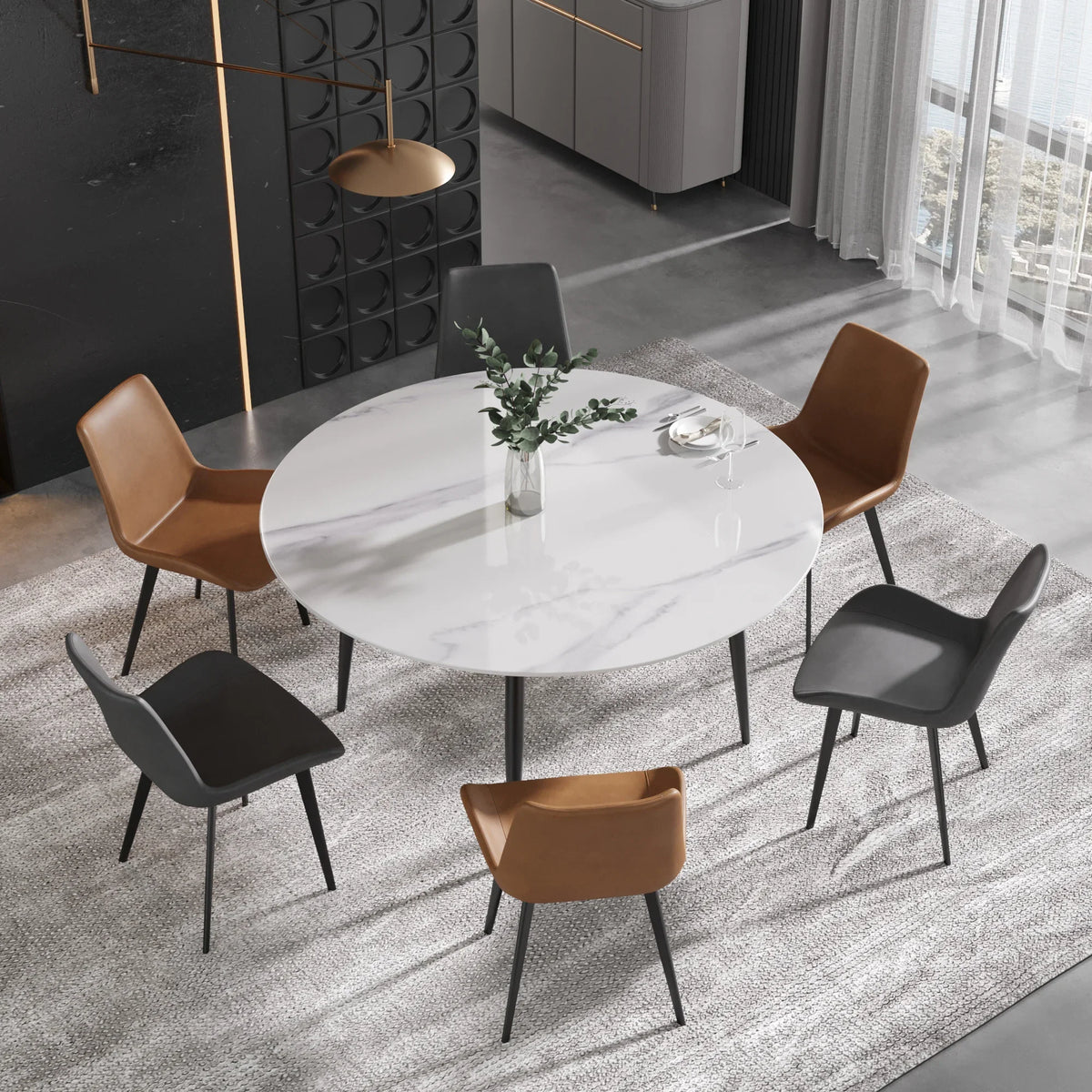 Marbella Sintered Stone Dining Table | 59" White Gloss Round With Metal Base
