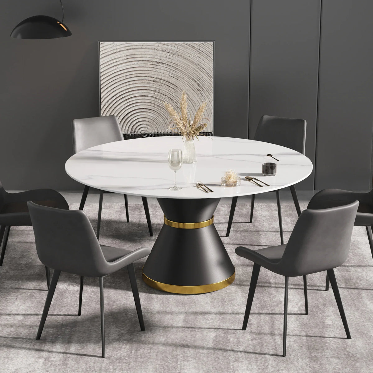 Marbella Sintered Stone Dining Table | 59" White Gloss Round With Metal Base