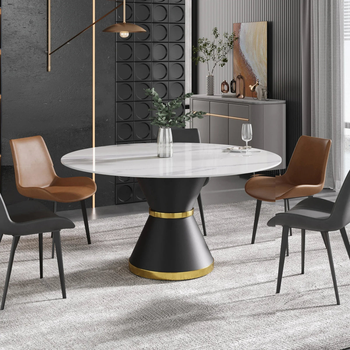 Marbella Sintered Stone Dining Table | 59" White Gloss Round With Metal Base