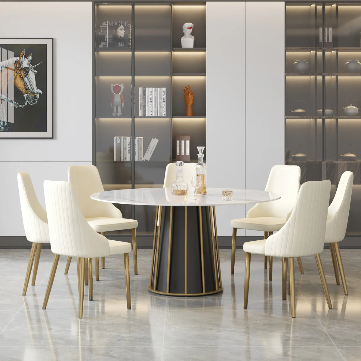 Marbella Sintered Stone Dining Table | 59" White Gloss Round With Metal Base