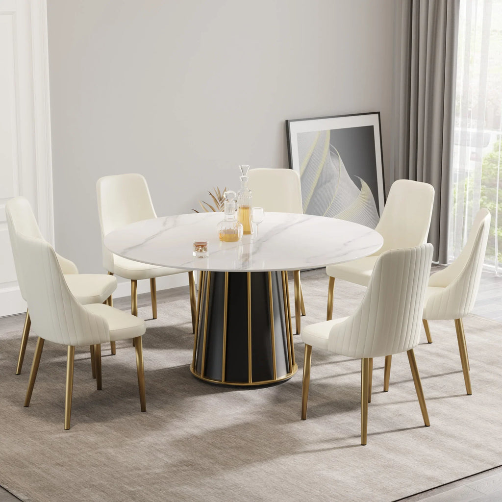 Marbella Sintered Stone Dining Table | 59" White Gloss Round With Metal Base
