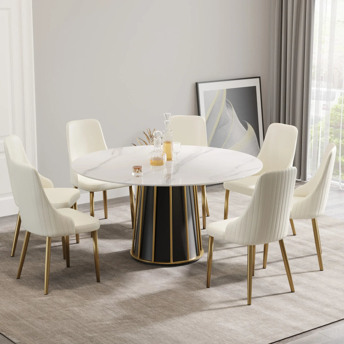 Marbella Sintered Stone Dining Table | 59" White Gloss Round With Metal Base