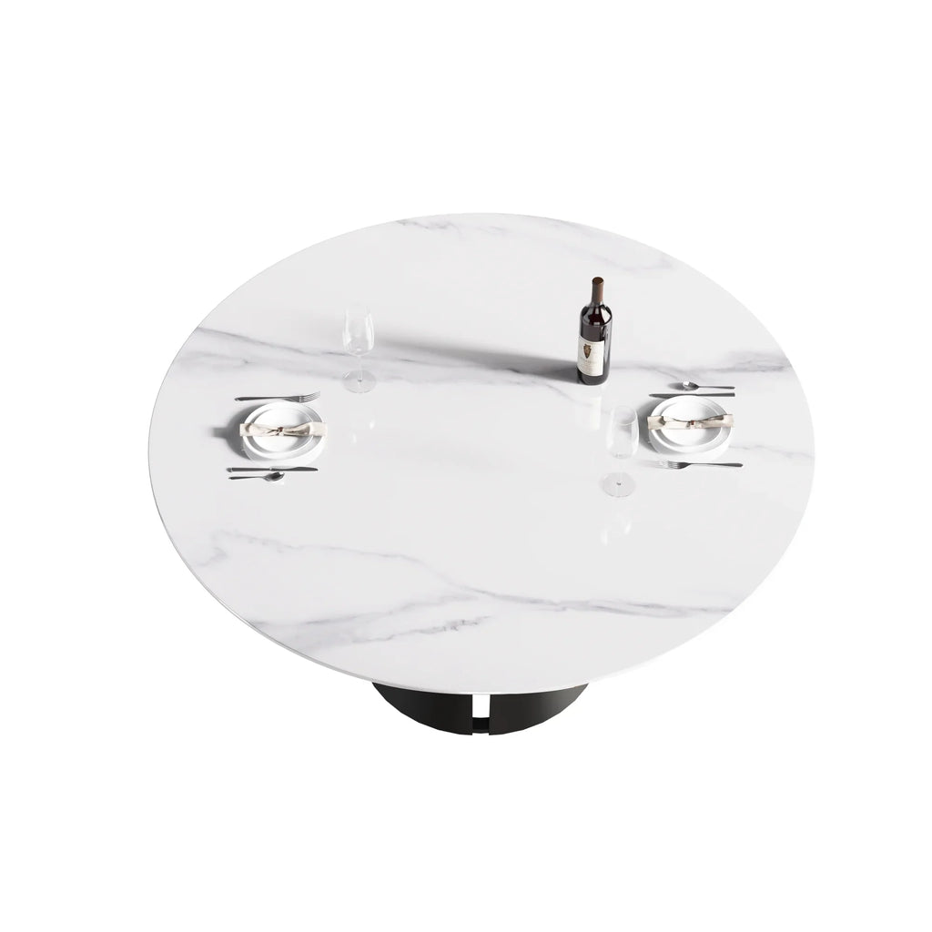 Marbella Sintered Stone Dining Table | 59" White Gloss Round With Metal Base