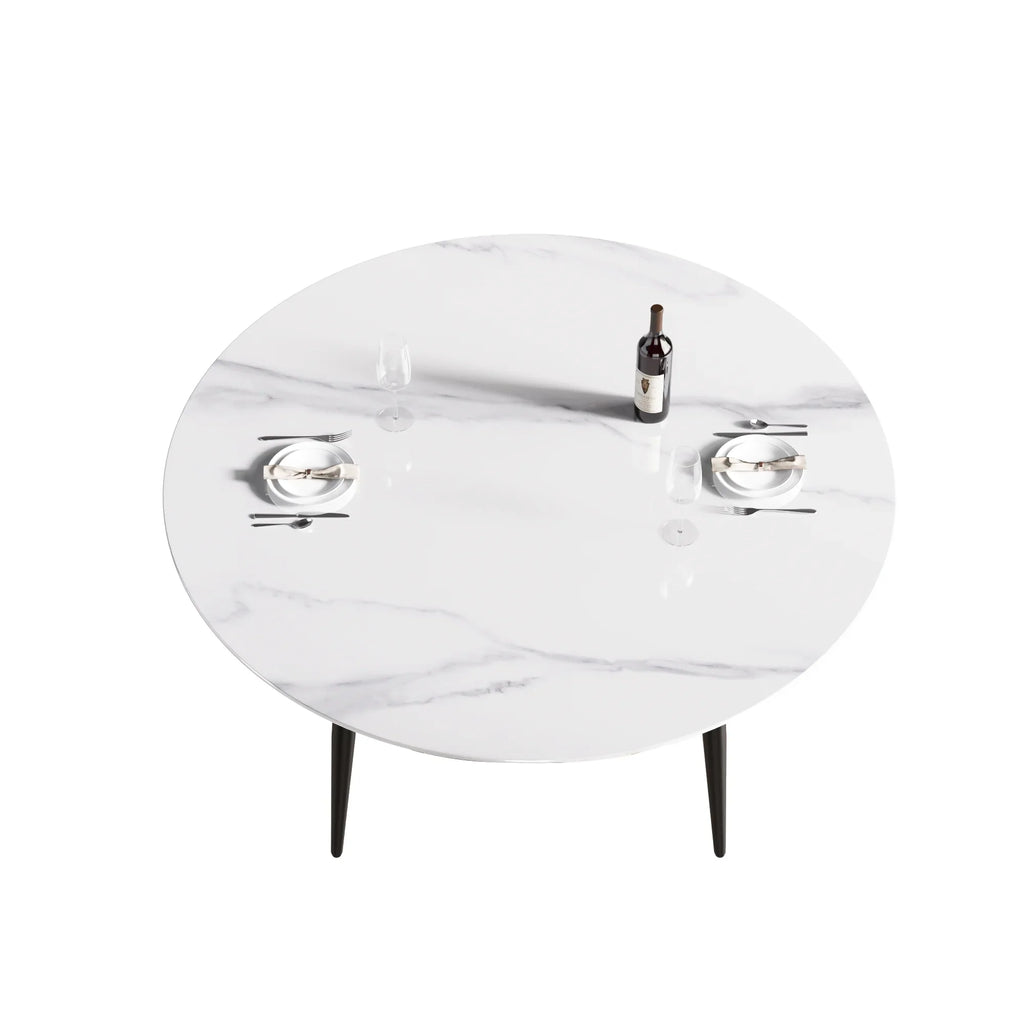 Marbella Sintered Stone Dining Table | 59" White Gloss Round With Metal Base
