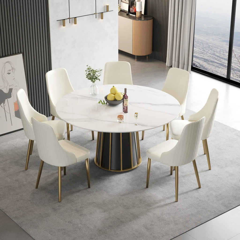 Marbella Sintered Stone Dining Table | 59" White Gloss Round With Metal Base