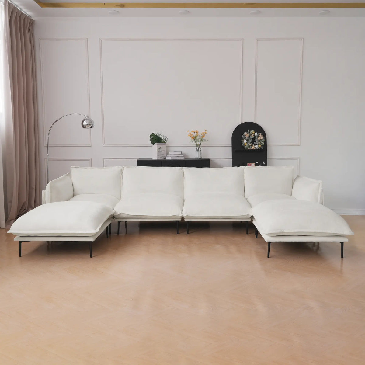 Deluxe Cloud 4-Seater Beige Modular U-Shaped Sectional | 6-Piece (includes 2 Ottomans), Velvet Fabric, Large Space