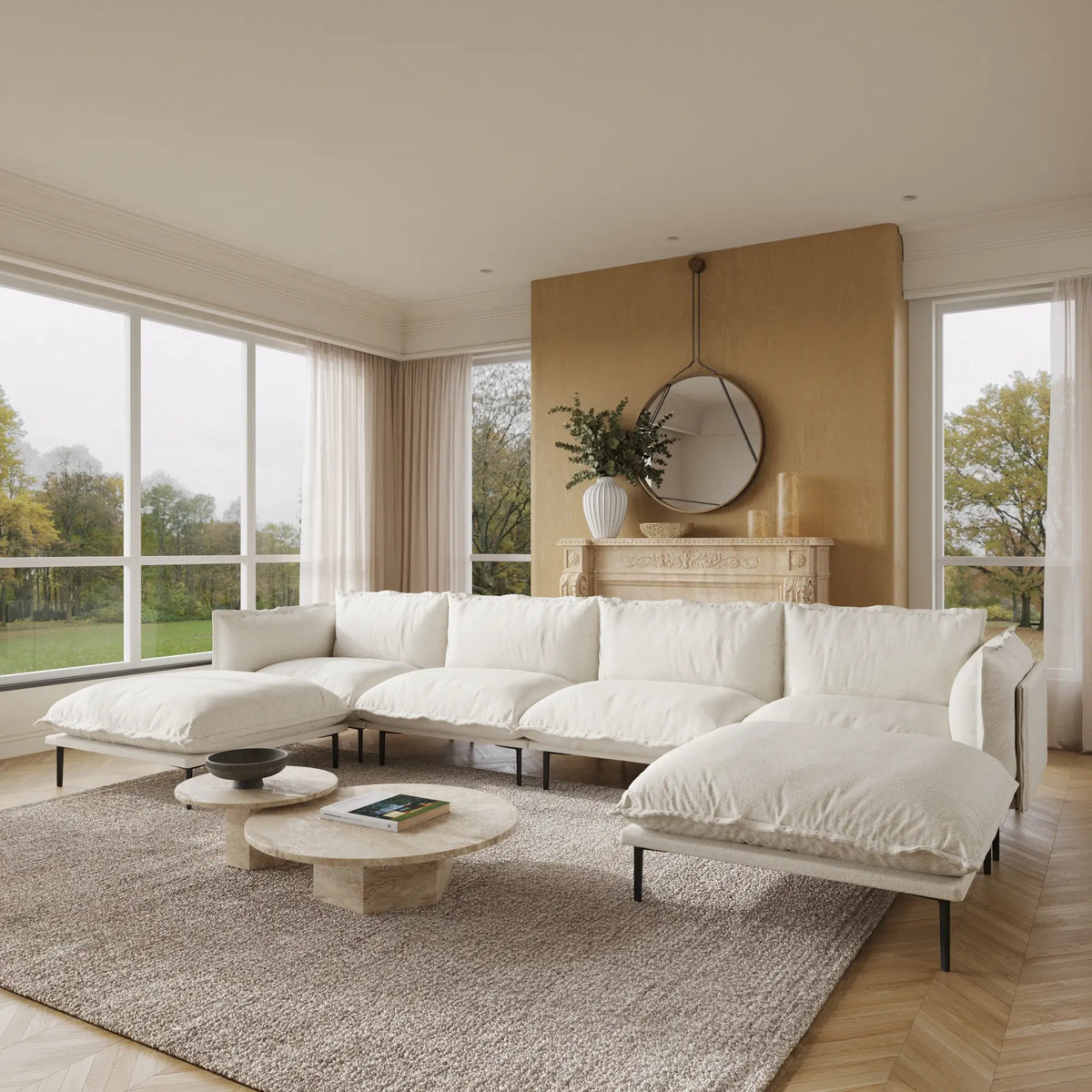 Deluxe Cloud 4-Seater Beige Modular U-Shaped Sectional | 6-Piece (includes 2 Ottomans), Velvet Fabric, Large Space