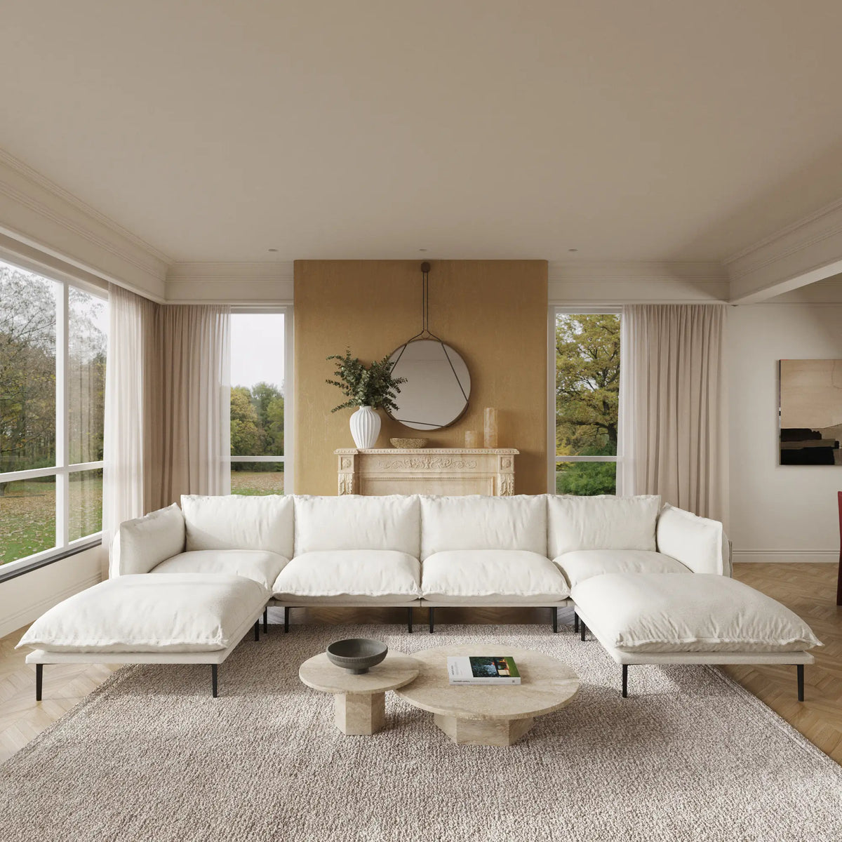 Deluxe Cloud 4-Seater Beige Modular U-Shaped Sectional | 6-Piece (includes 2 Ottomans), Velvet Fabric, Large Space