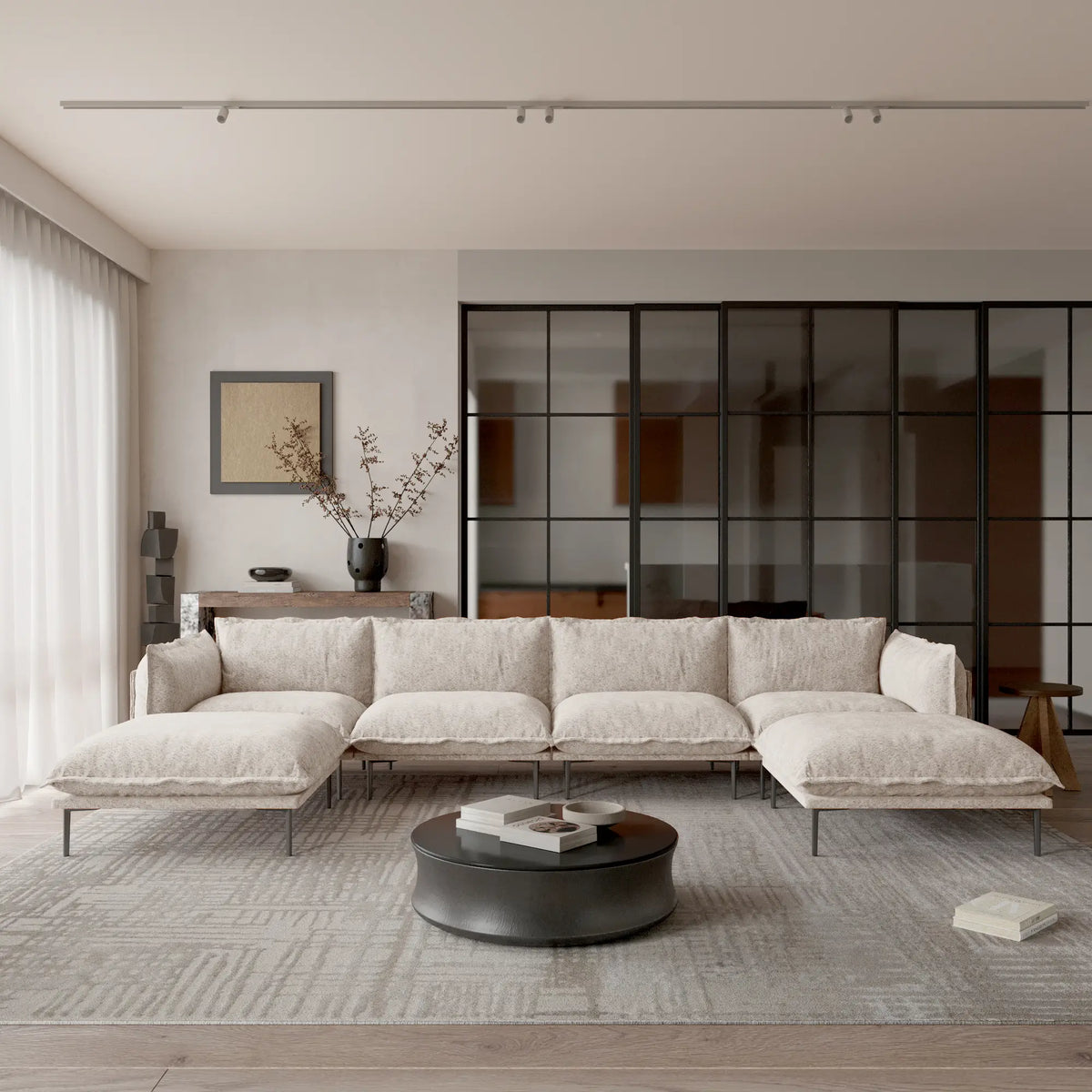 Deluxe Cloud 4-Seater Brown Modular U-Shaped Sectional | 6-Piece (includes 2 Ottomans), Velvet Fabric, Spacious Design