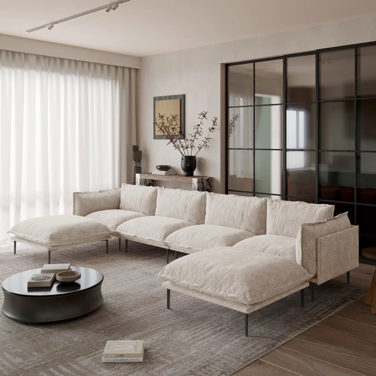 Deluxe Cloud 4-Seater Brown Modular U-Shaped Sectional | 6-Piece (includes 2 Ottomans), Velvet Fabric, Spacious Design