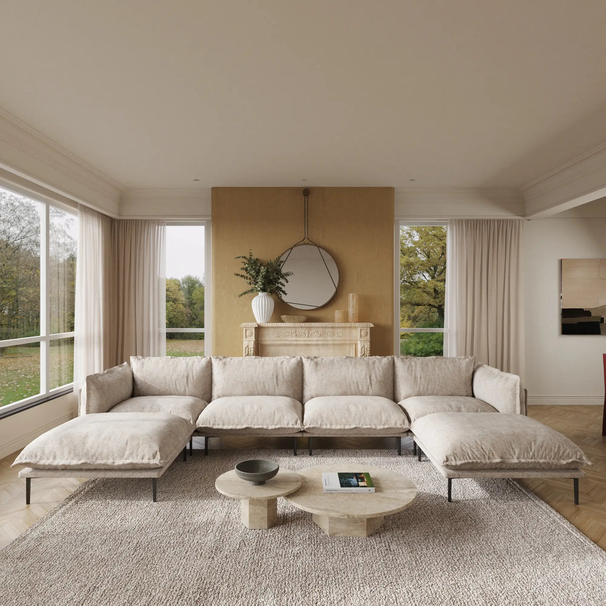 Deluxe Cloud 4-Seater Brown Modular U-Shaped Sectional | 6-Piece (includes 2 Ottomans), Velvet Fabric, Spacious Design