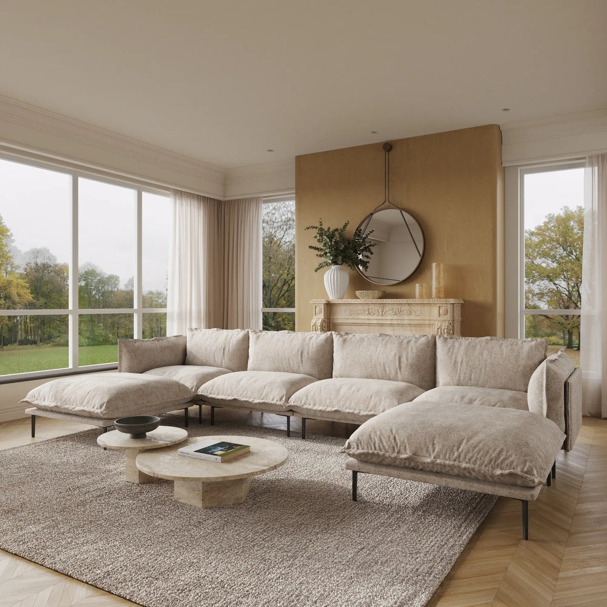 Deluxe Cloud 4-Seater Brown Modular U-Shaped Sectional | 6-Piece (includes 2 Ottomans), Velvet Fabric, Spacious Design