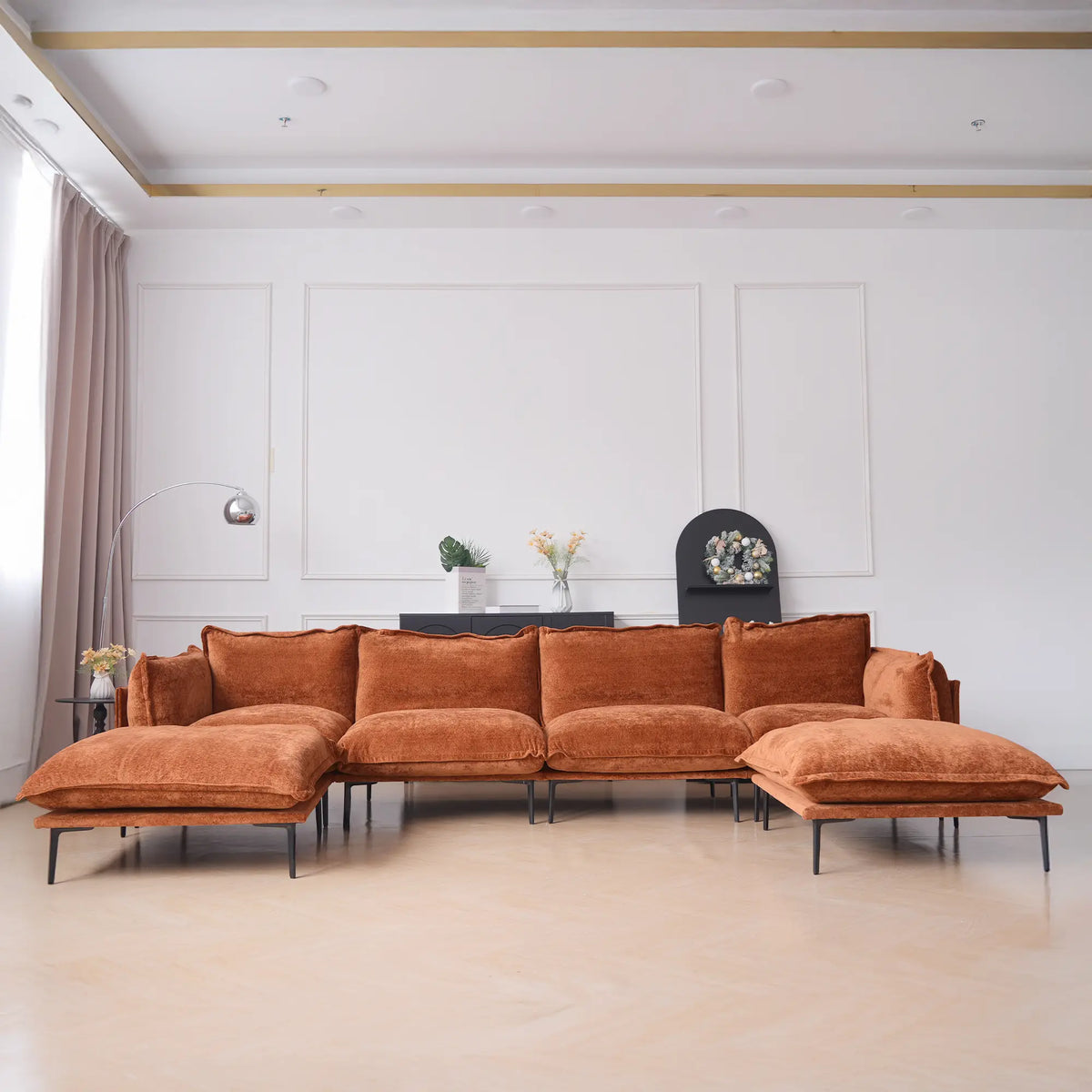 Deluxe Cloud 4-Seater Orange Modular U-Shaped Sectional | 6-Piece (includes 2 Ottomans), Velvet Fabric, Roomy Layout