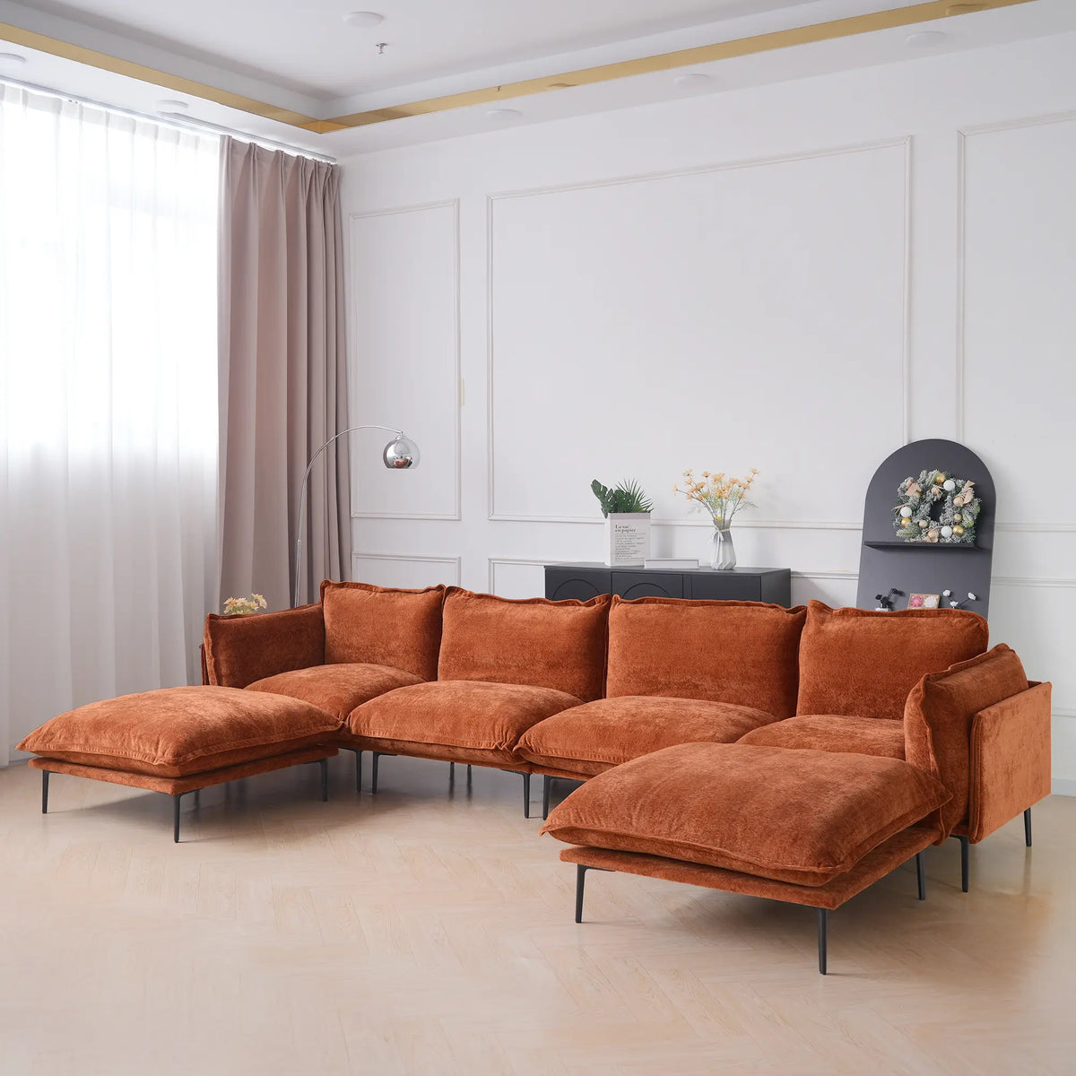 Deluxe Cloud 4-Seater Orange Modular U-Shaped Sectional | 6-Piece (includes 2 Ottomans), Velvet Fabric, Roomy Layout