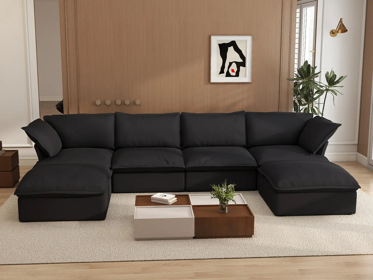Deluxe Cloud 4-Seater Black Storage U-Shaped Sectional | 6-Piece (includes 2 Ottomans), Linen and Cotton Fabric, Washable Covers