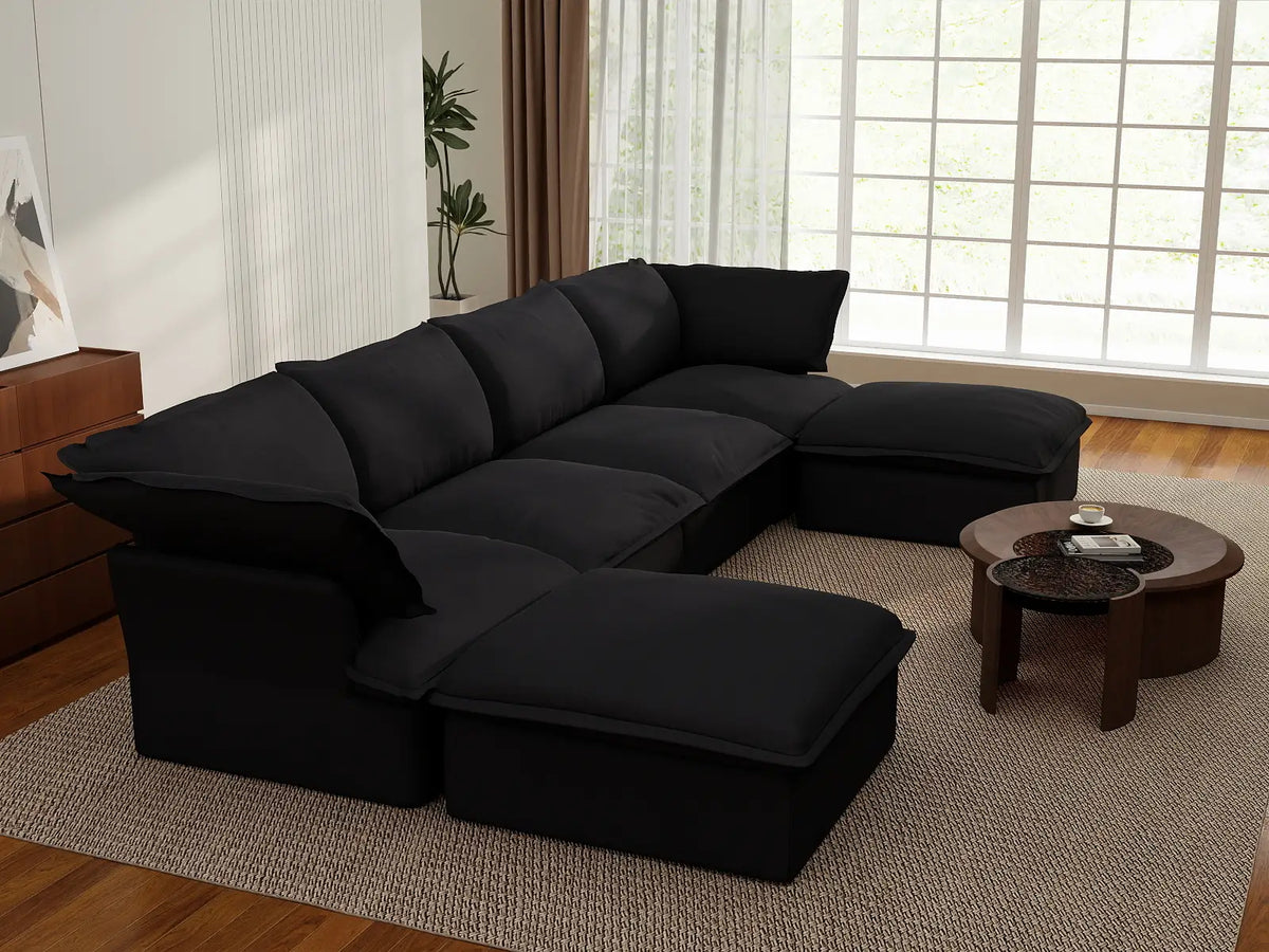 Deluxe Cloud 4-Seater Black Storage U-Shaped Sectional | 6-Piece (includes 2 Ottomans), Linen and Cotton Fabric, Washable Covers