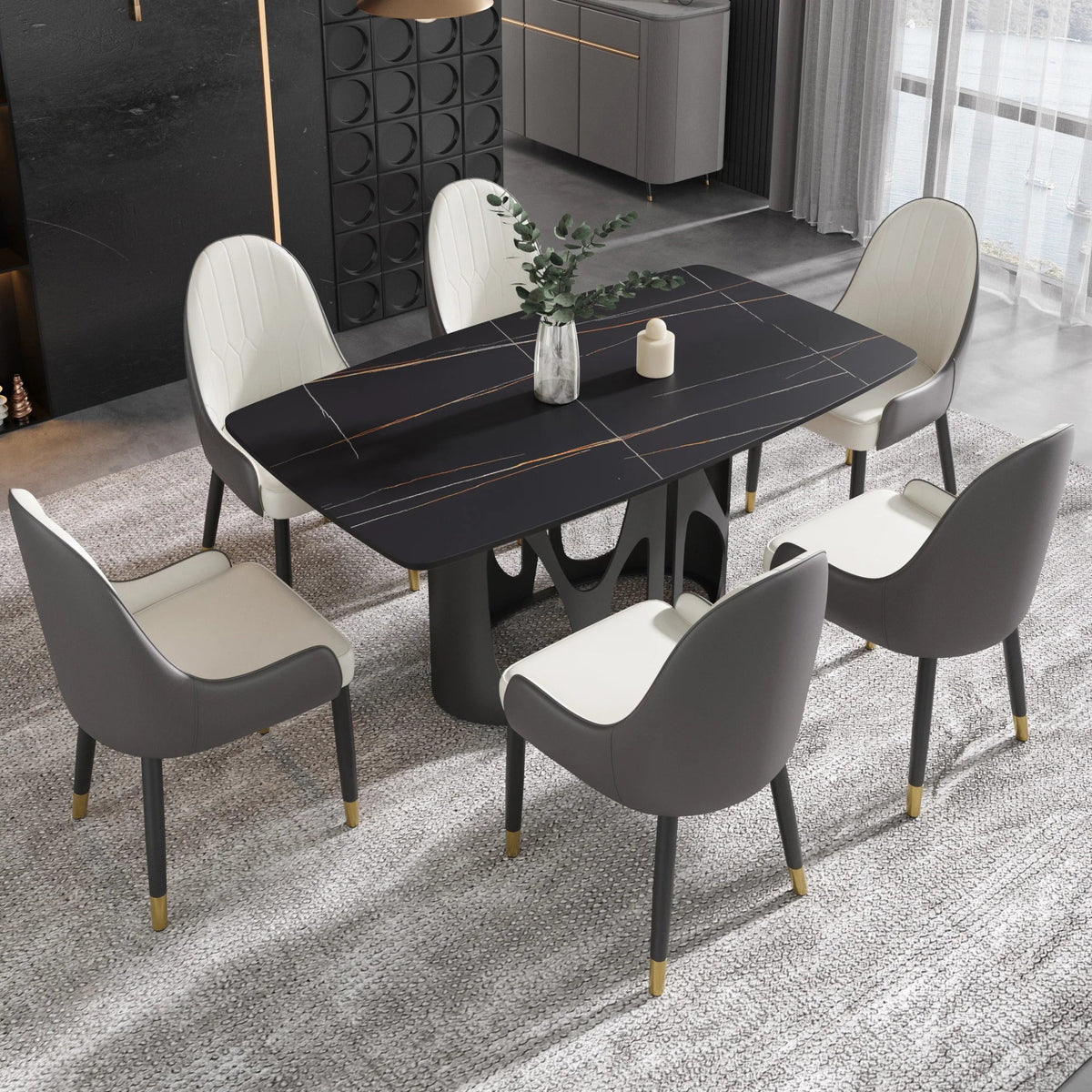 Marbella Sintered Stone Dining Table | 63" Matte Black Rectangular With Curved Edge