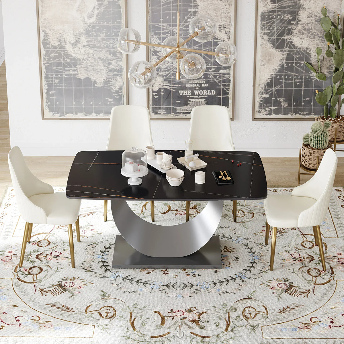 Marbella Sintered Stone Dining Table | 63" Matte Black Rectangular With Curved Edge
