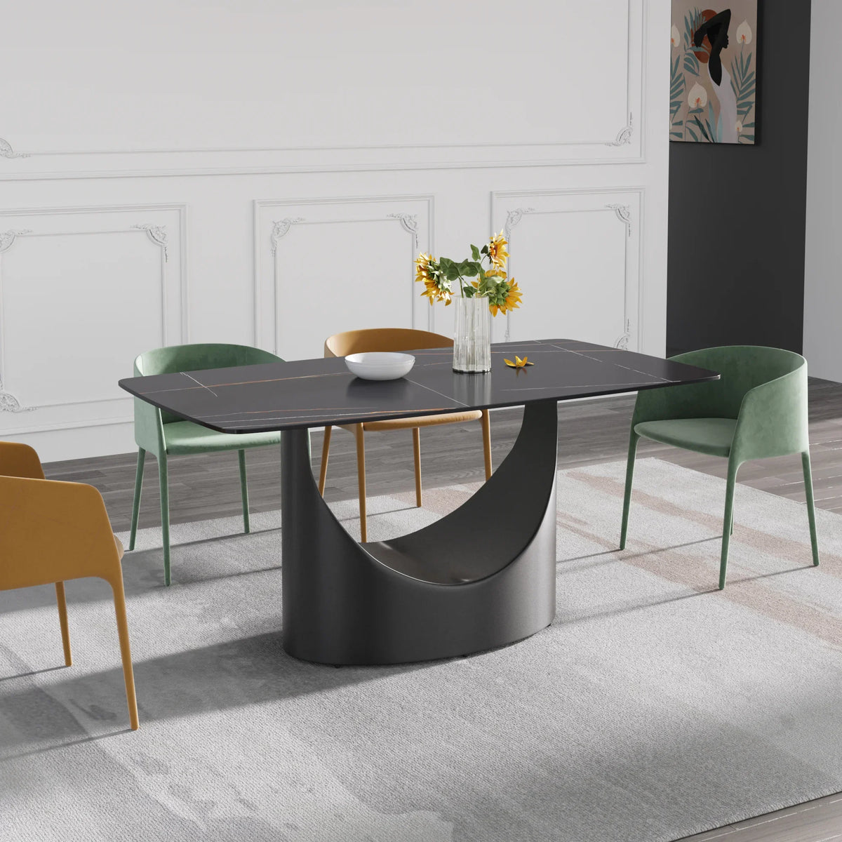 Marbella Sintered Stone Dining Table | 63" Matte Black Rectangular With Curved Edge