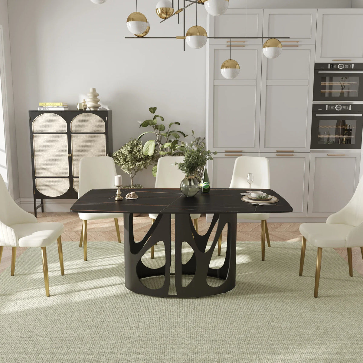 Marbella Sintered Stone Dining Table | 63" Matte Black Rectangular With Curved Edge