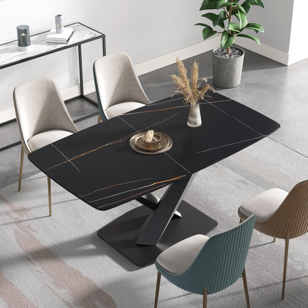 Marbella Sintered Stone Dining Table | 63" Matte Black Rectangular With Curved Edge