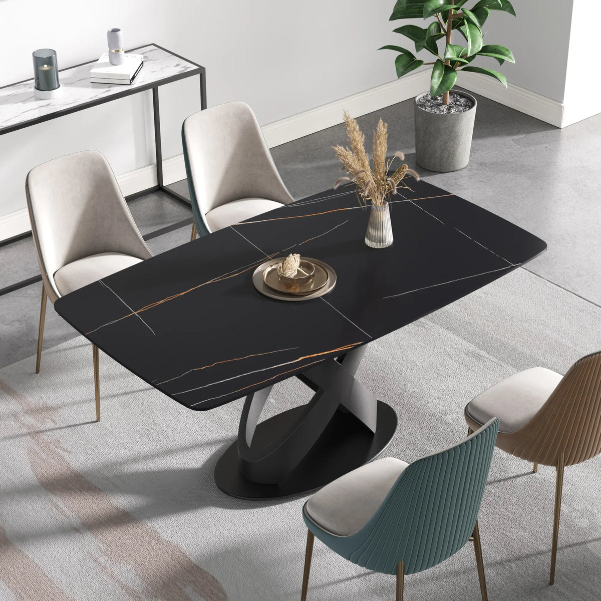 Marbella Sintered Stone Dining Table | 63" Matte Black Rectangular With Curved Edge