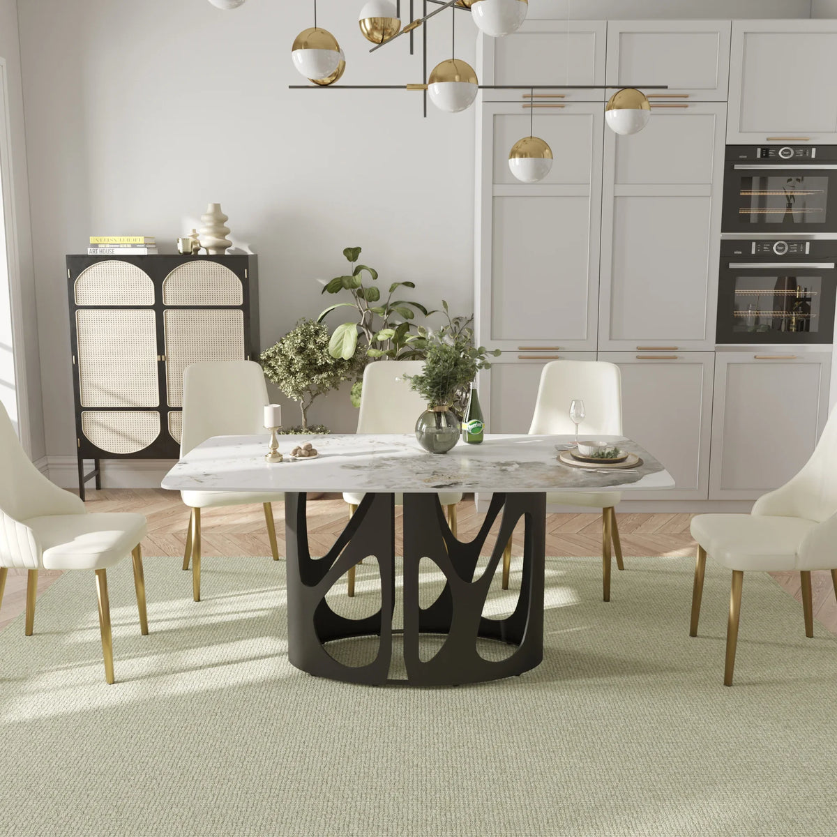 Marbella Sintered Stone Dining Table | 63" Pandora Rectangular With Curved Edge