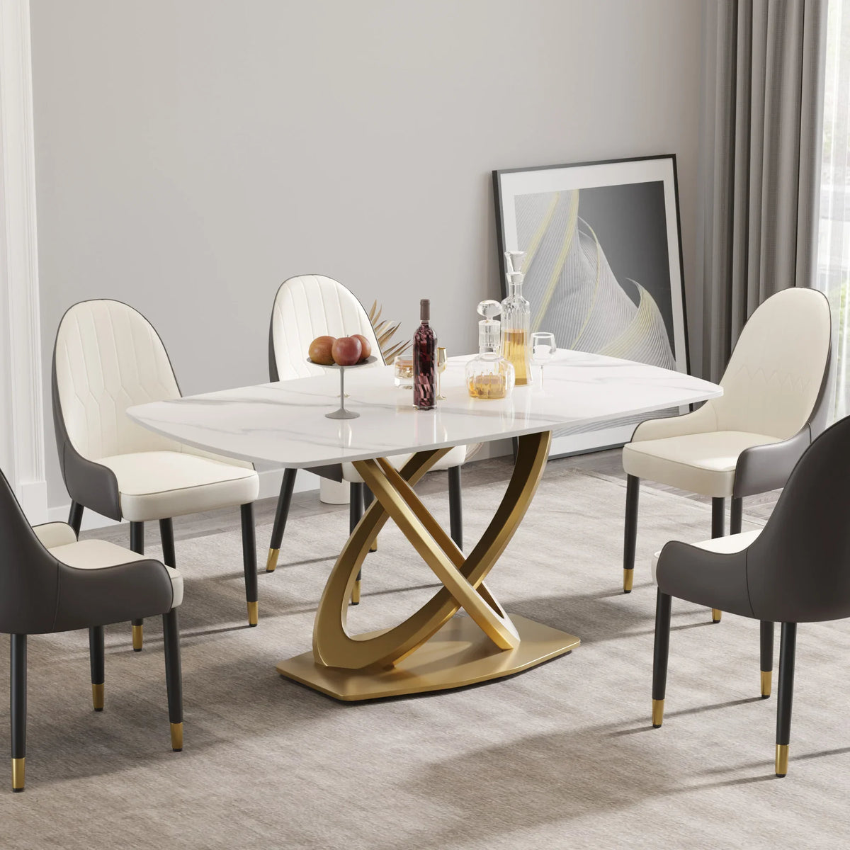 Marbella Sintered Stone Dining Table | 63" White Gloss Rectangular With Curved Edge