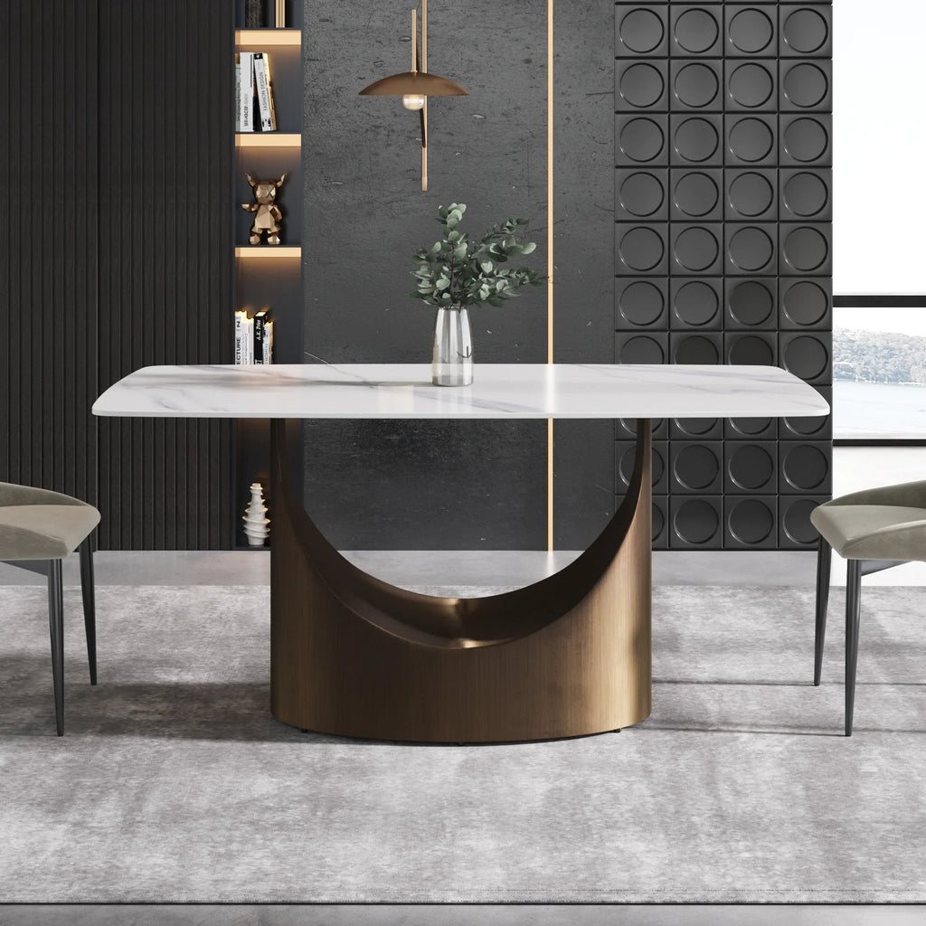 Marbella Sintered Stone Dining Table | 63" White Gloss Rectangular With Curved Edge