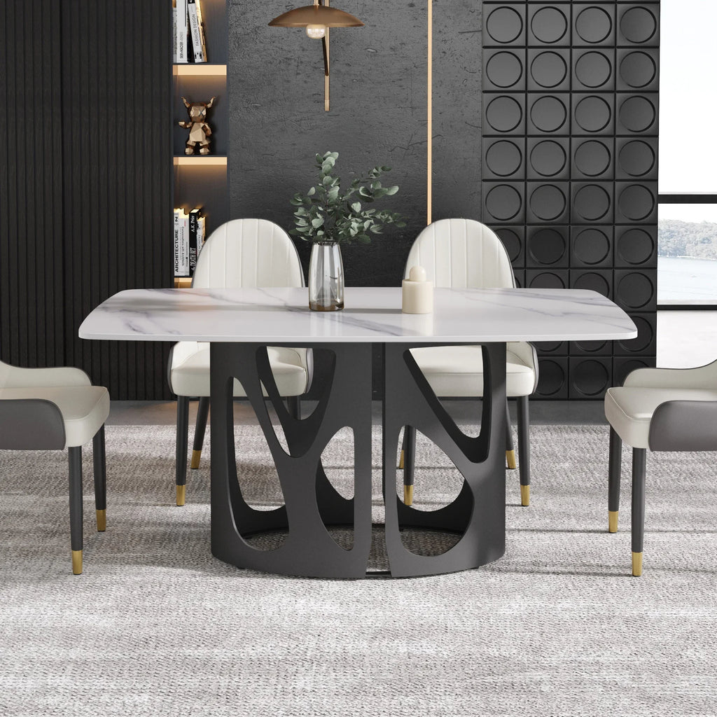 Marbella Sintered Stone Dining Table | 63" White Gloss Rectangular With Curved Edge