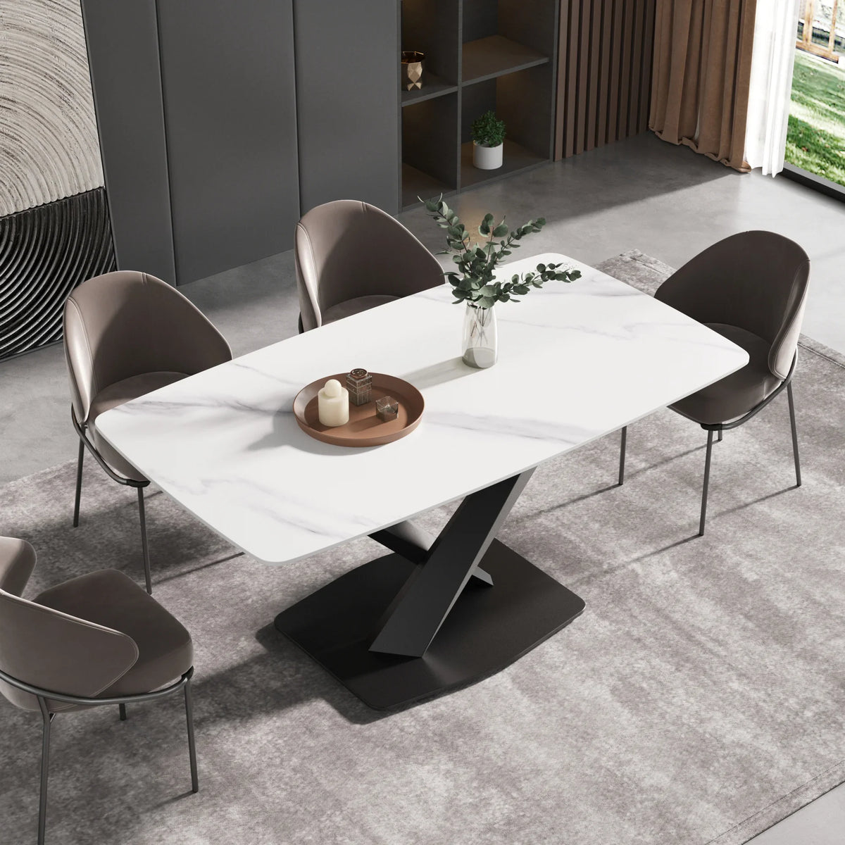 Marbella Sintered Stone Dining Table | 63" White Gloss Rectangular With Curved Edge