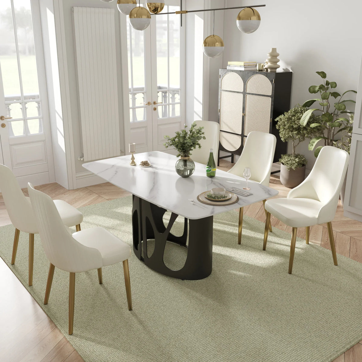 Marbella Sintered Stone Dining Table | 63" White Gloss Rectangular With Curved Edge