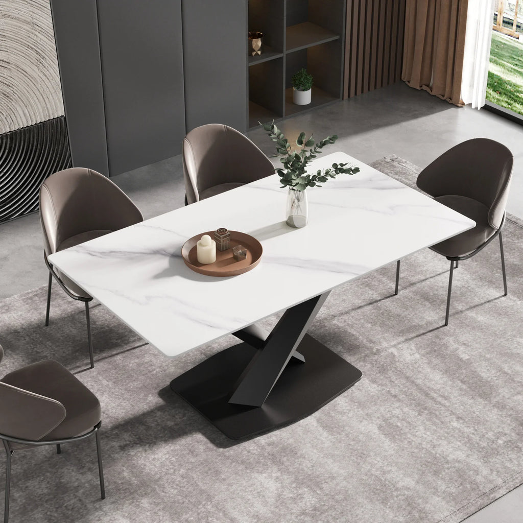 Marbella Sintered Stone Dining Table | 63" White Gloss Rectangular With Straight Edge