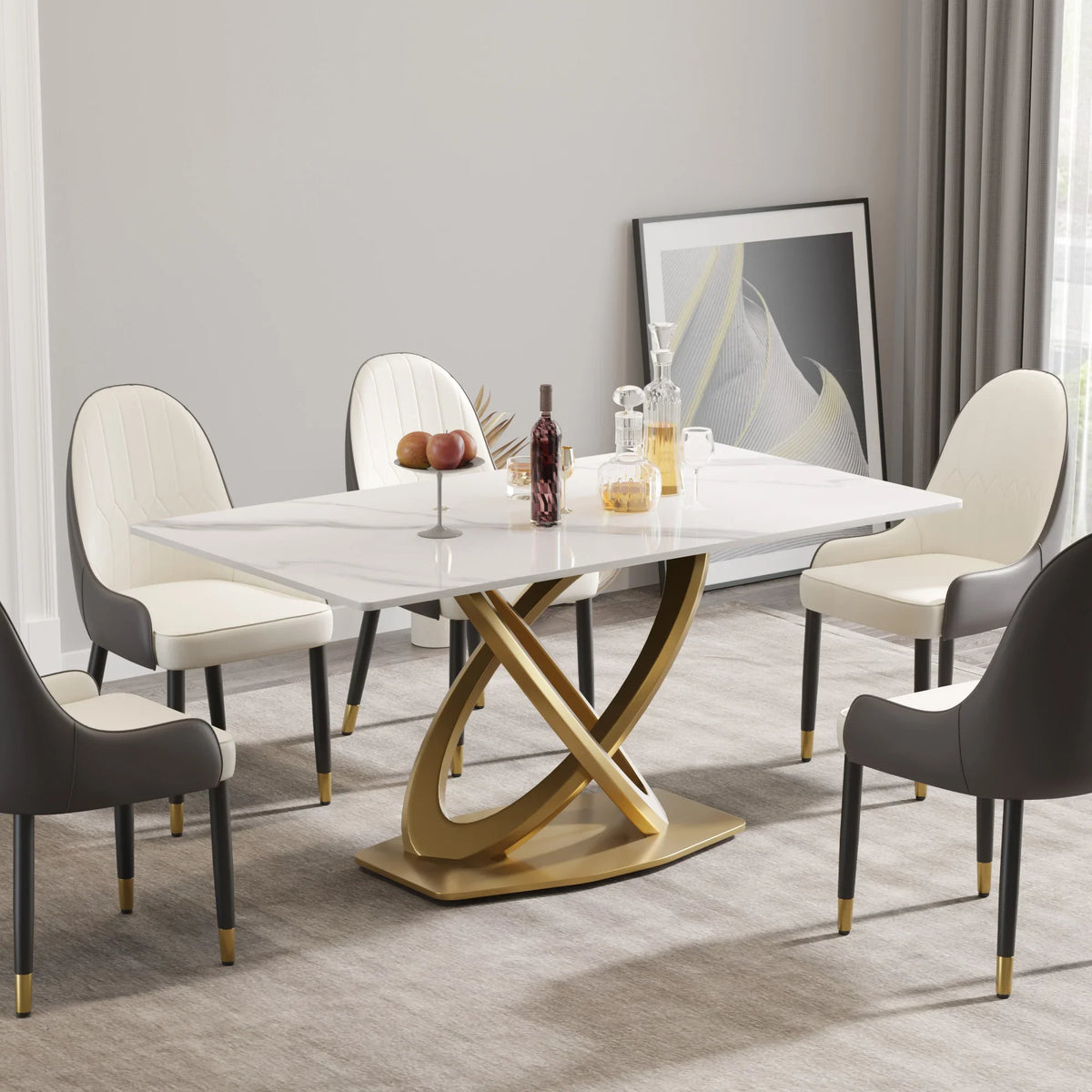 Marbella Sintered Stone Dining Table | 63" White Gloss Rectangular With Straight Edge
