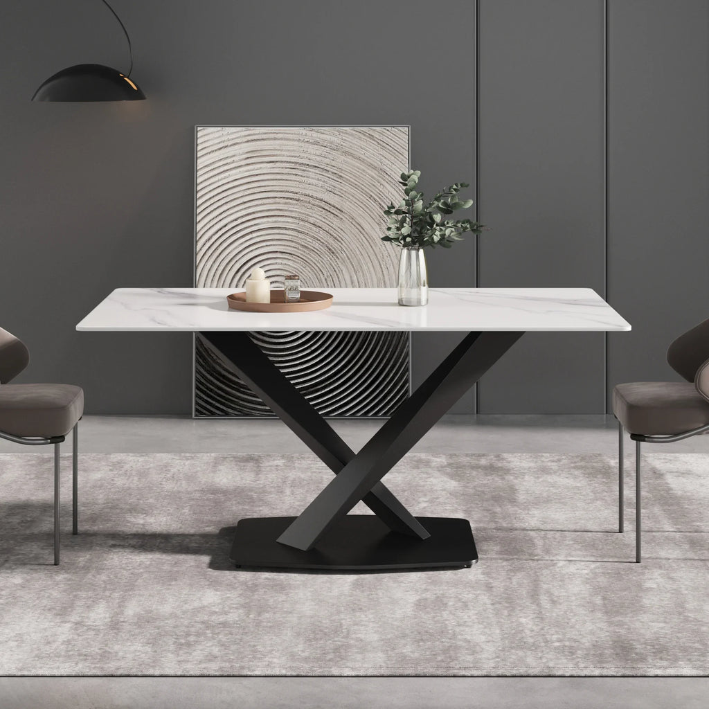 Marbella Sintered Stone Dining Table | 63" White Gloss Rectangular With Straight Edge