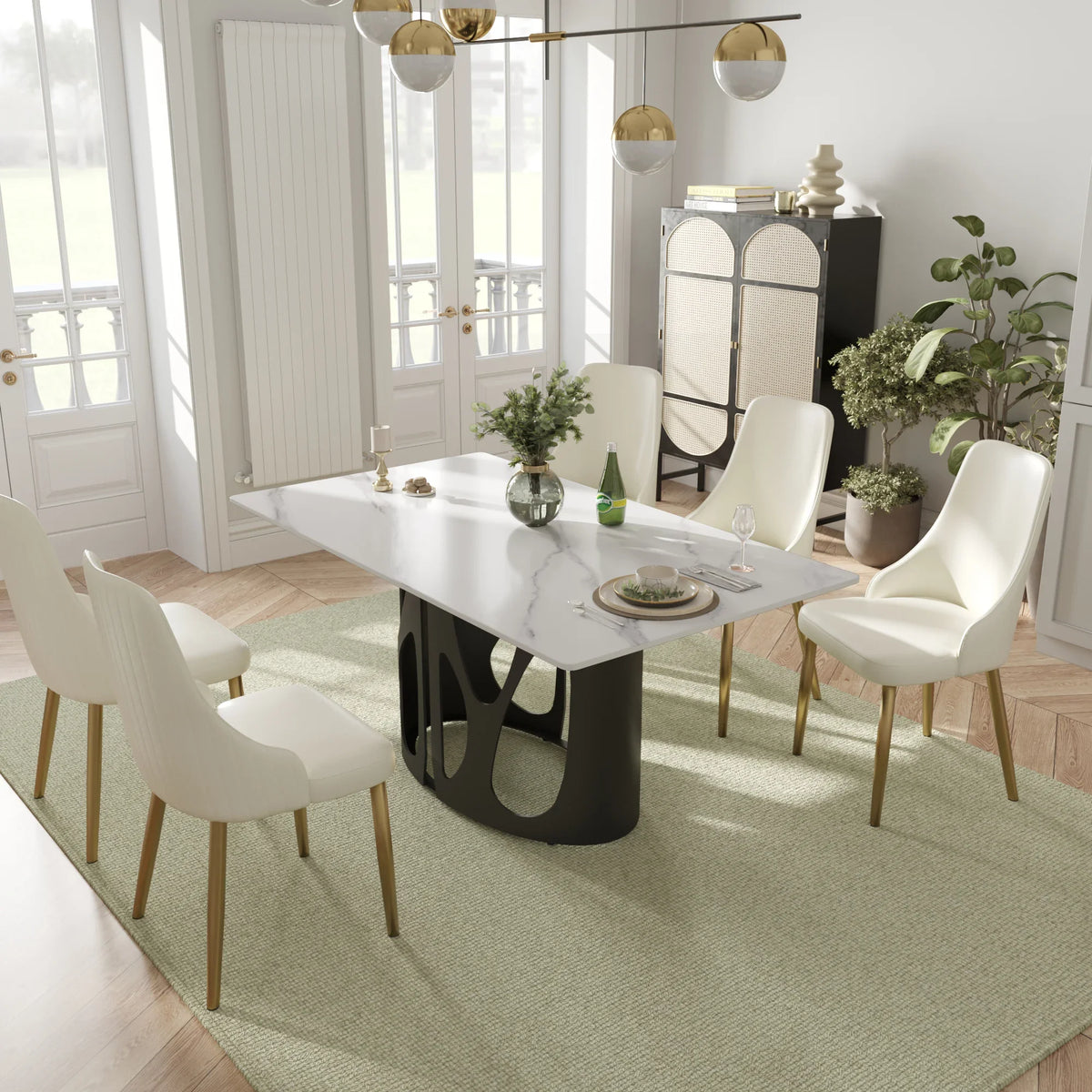 Marbella Sintered Stone Dining Table | 63" White Gloss Rectangular With Straight Edge