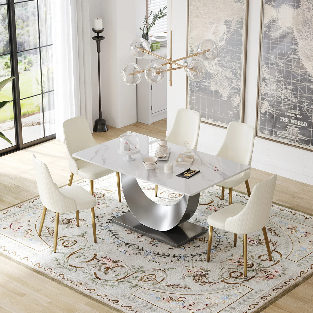 Marbella Sintered Stone Dining Table | 63" White Gloss Rectangular With Straight Edge