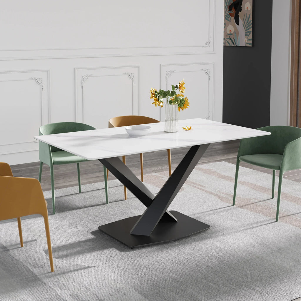 Marbella Sintered Stone Dining Table | 63" White Gloss Rectangular With Straight Edge