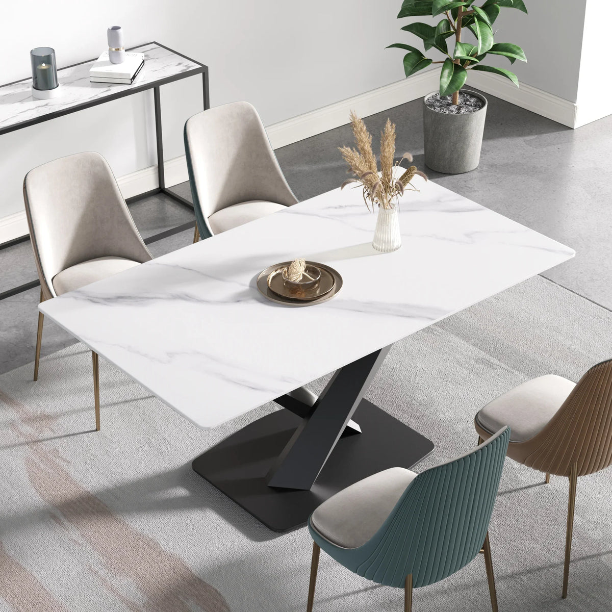 Marbella Sintered Stone Dining Table | 63" White Gloss Rectangular With Straight Edge