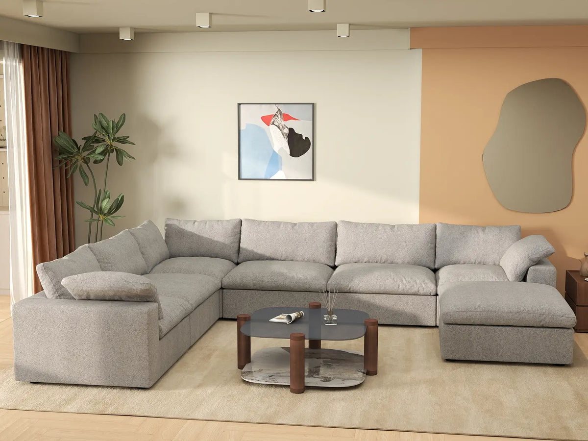 Deluxe Cloud 6-Seater Light Grey Large Space Sofa Set | 7-Piece (Includes 1 Ottoman), Cotton And Linen Fabric, Easy To Clean