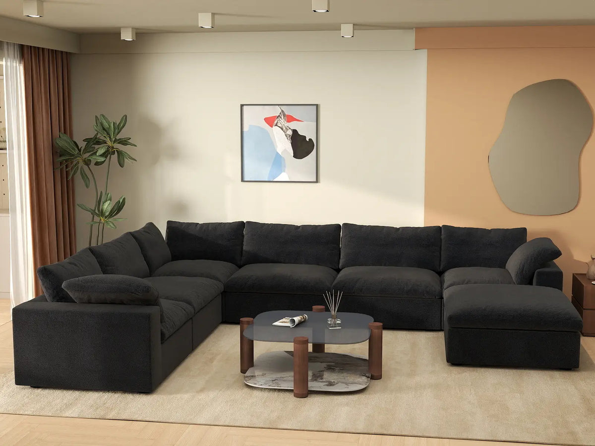Deluxe Cloud 6-Seater Black Large Space Sofa Set | 7-Piece (Includes 1 Ottoman), Cotton And Linen Fabric, Easy To Clean