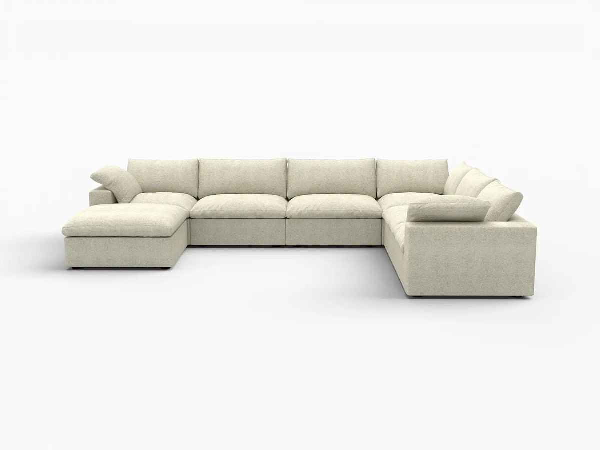 Deluxe Cloud 6-Seater Khaki Sofa Set | 7-Piece (Includes 1 Ottoman), Cotton And Linen Fabric, Washable Cushion Covers