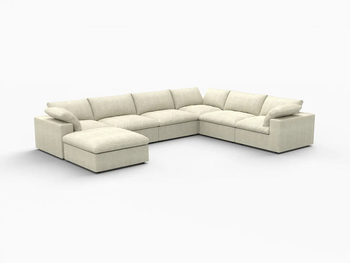 Deluxe Cloud 6-Seater Khaki Sofa Set | 7-Piece (Includes 1 Ottoman), Cotton And Linen Fabric, Washable Cushion Covers