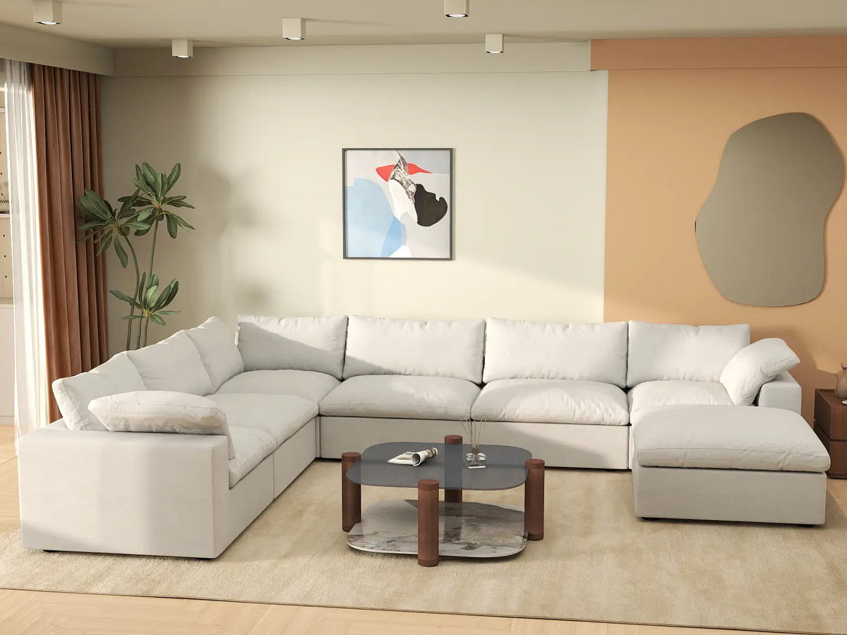 Deluxe Cloud 6-Seater White Sofa Set | 7-Piece (Includes 1 Ottoman), Cotton And Linen Fabric, Washable Cushion Covers