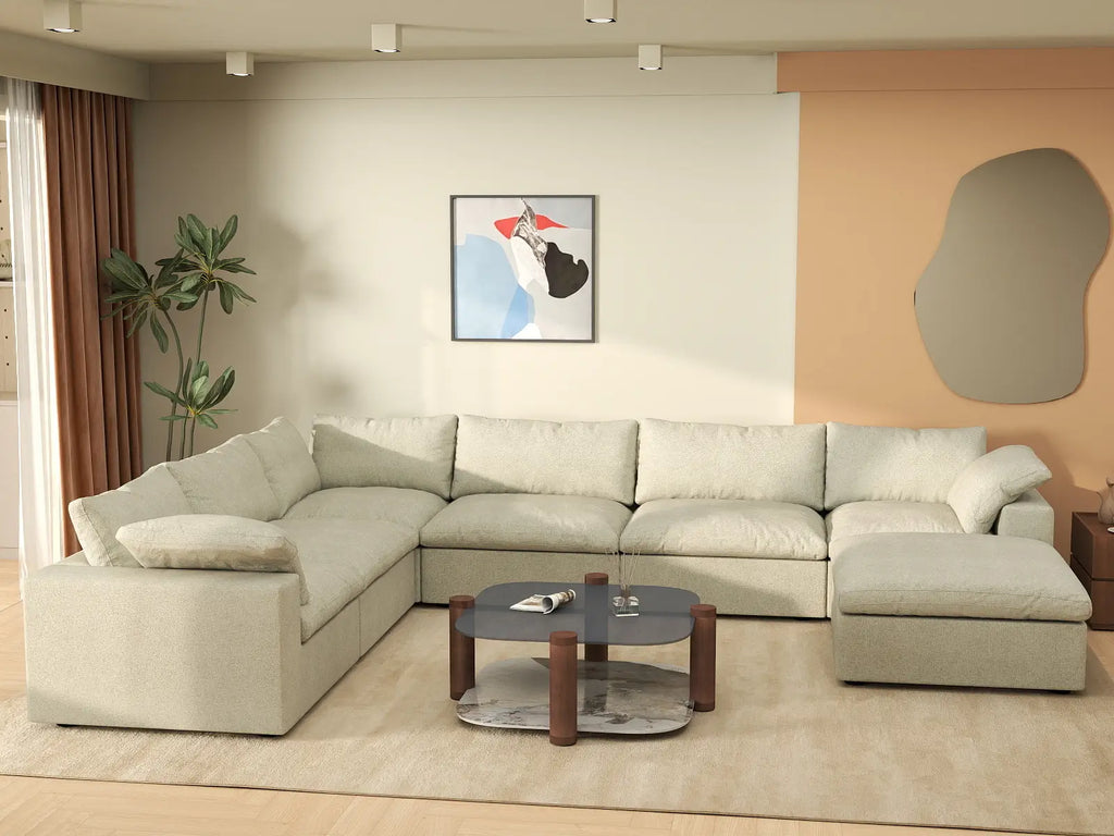 Deluxe Cloud 6-Seater Khaki Sofa Set | 7-Piece (Includes 1 Ottoman), Cotton And Linen Fabric, Washable Cushion Covers
