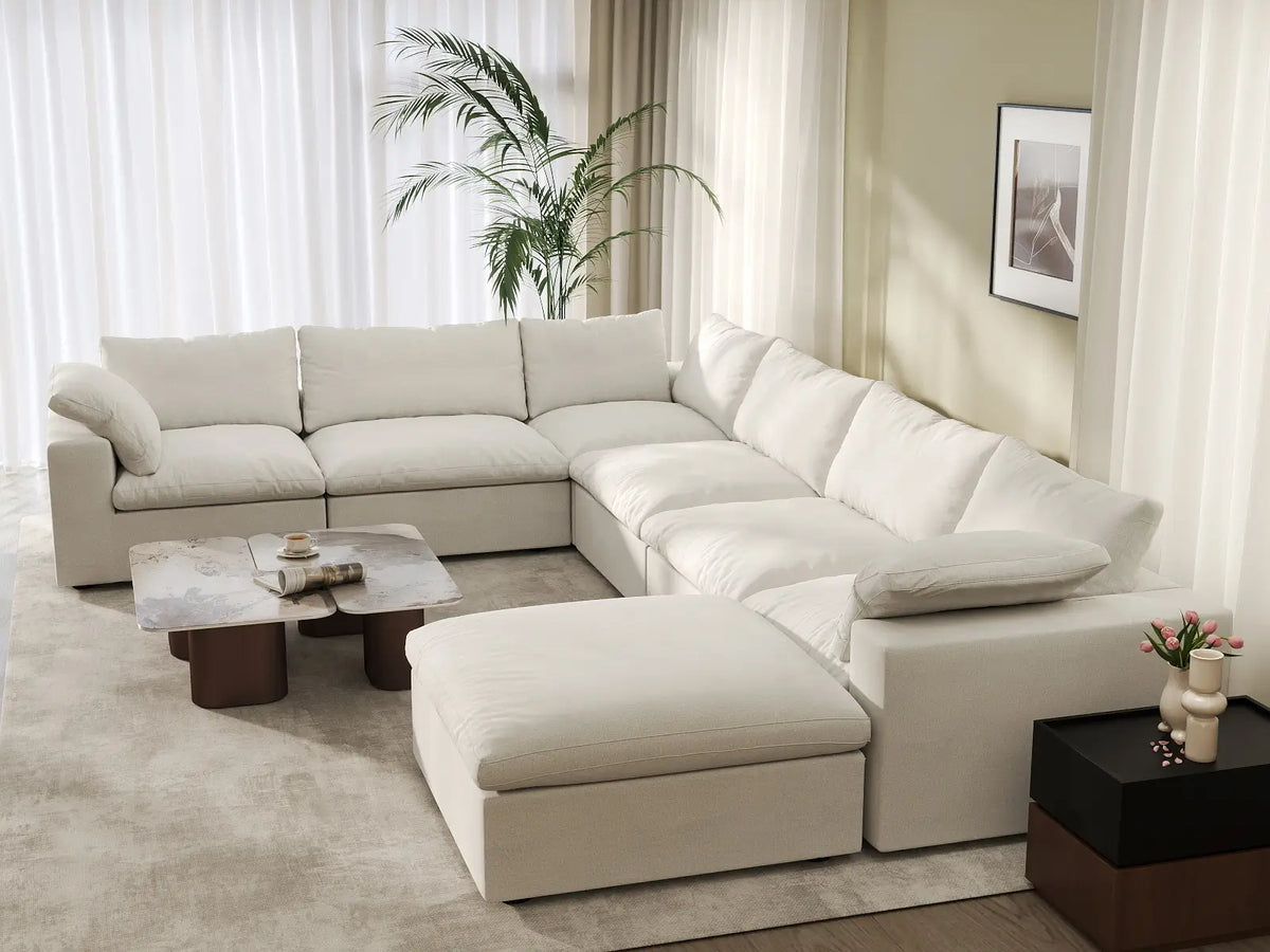 Deluxe Cloud 6-Seater White Sofa Set | 7-Piece (Includes 1 Ottoman), Cotton And Linen Fabric, Washable Cushion Covers