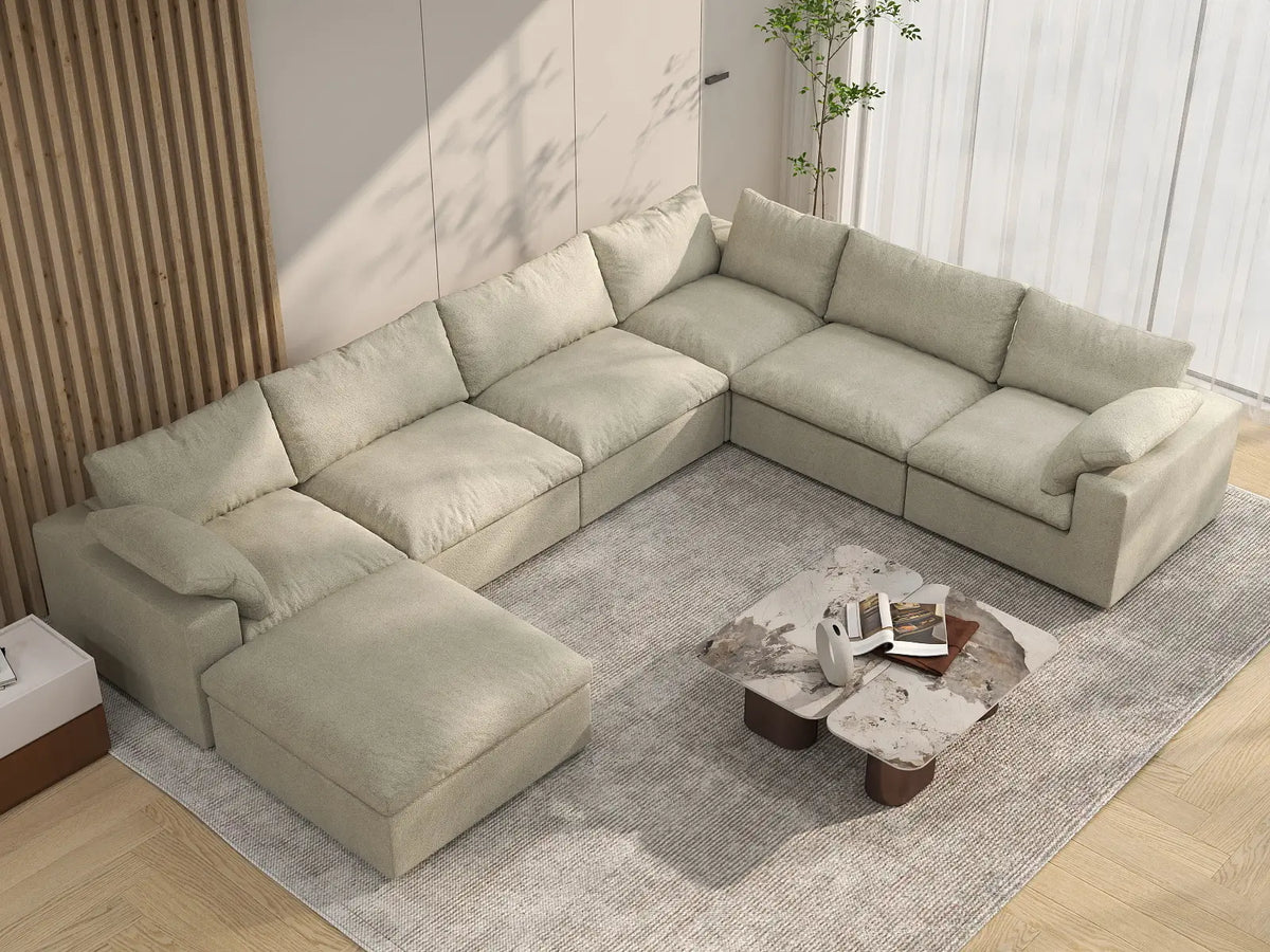 Deluxe Cloud 6-Seater Khaki Sofa Set | 7-Piece (Includes 1 Ottoman), Cotton And Linen Fabric, Washable Cushion Covers