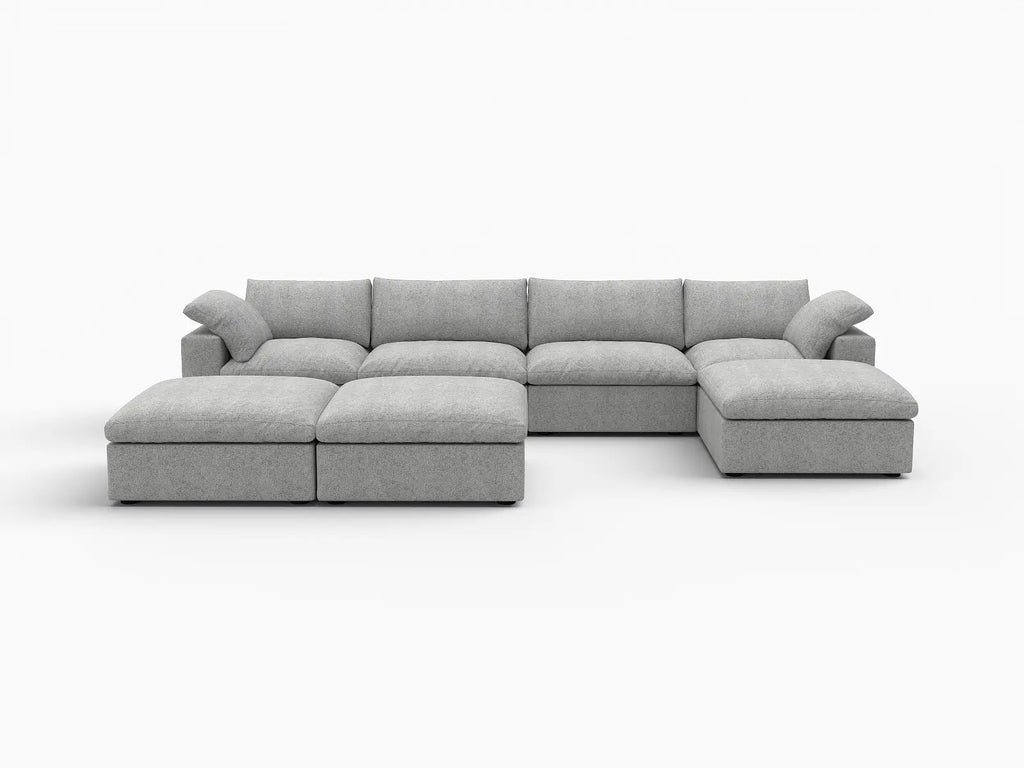 Deluxe Cloud 4-Seater Light Grey Large Space Sofa Set | 7-Piece (Includes 3 Ottomans), Cotton And Linen Fabric, Easy To Clean