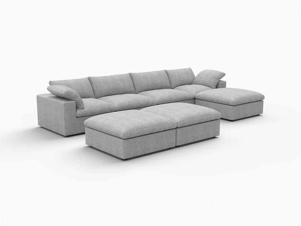 Deluxe Cloud 4-Seater Light Grey Large Space Sofa Set | 7-Piece (Includes 3 Ottomans), Cotton And Linen Fabric, Easy To Clean